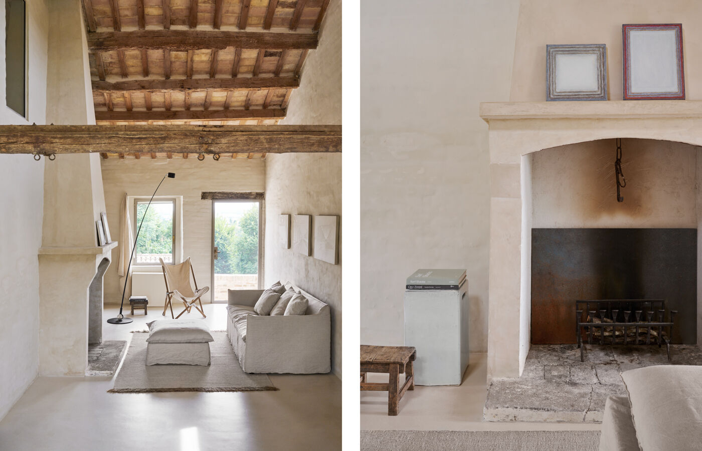 livingroom with fireplace in the country house with Arclinea kitchen