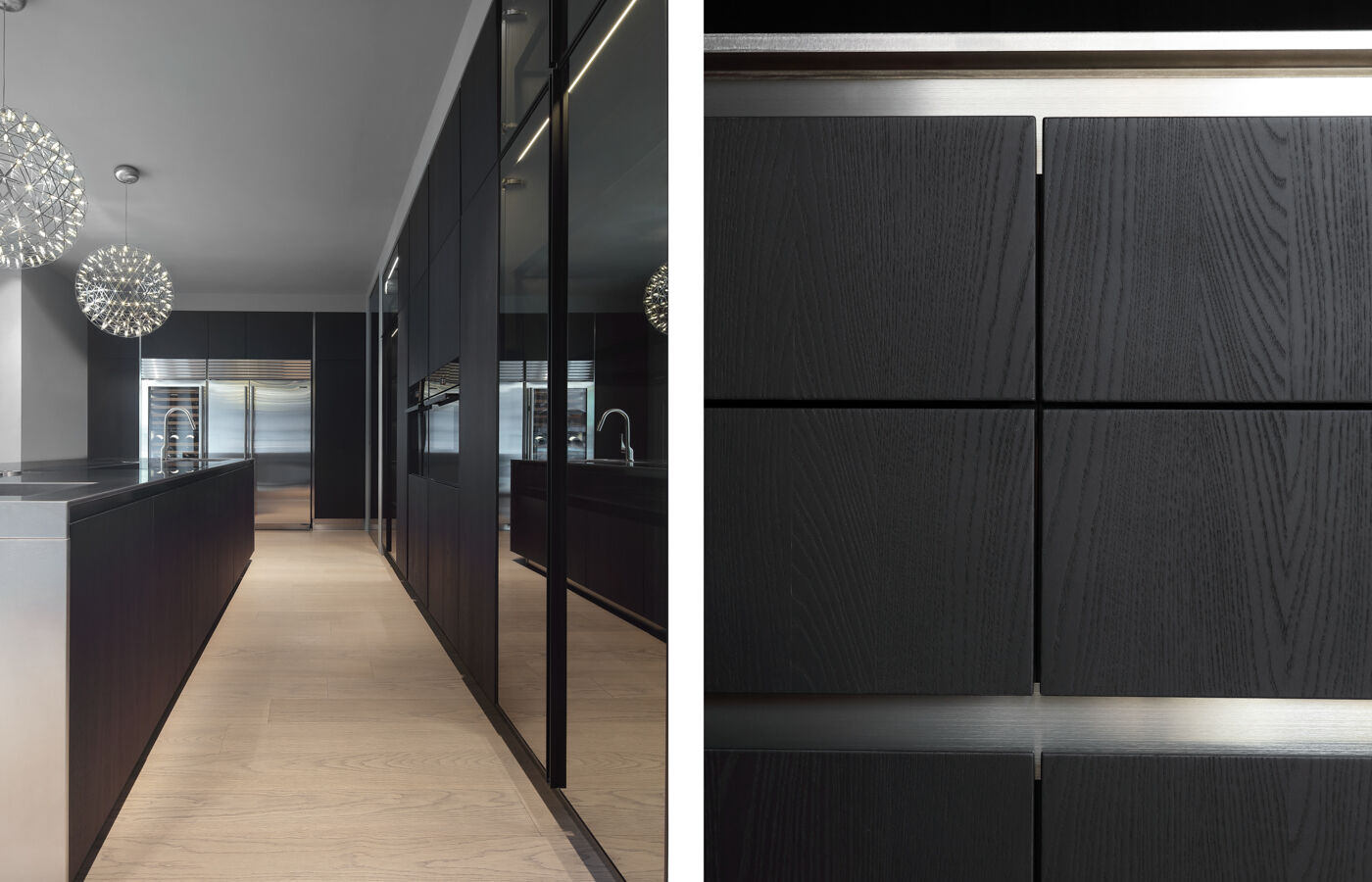 Split view showing a mirrored corridor lined with dark cabinetry beside a close up of dark wood grain cabinet panels with metal trim