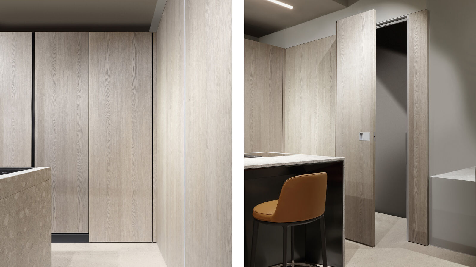 Diptych of wood cabinetry and a tall pivot door open to a corridor