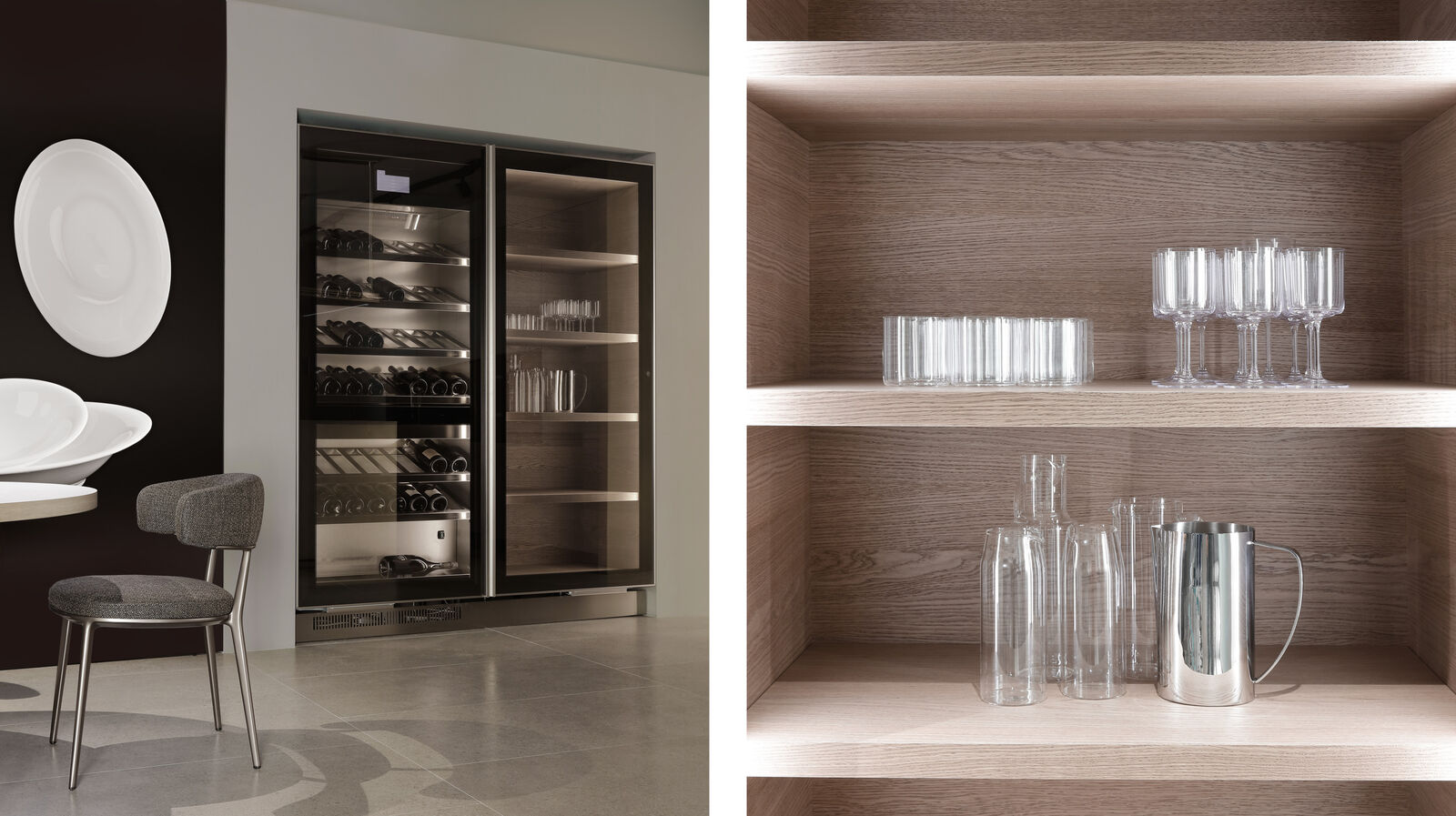 Diptych of a wine cabinet and a lit shelf with glassware