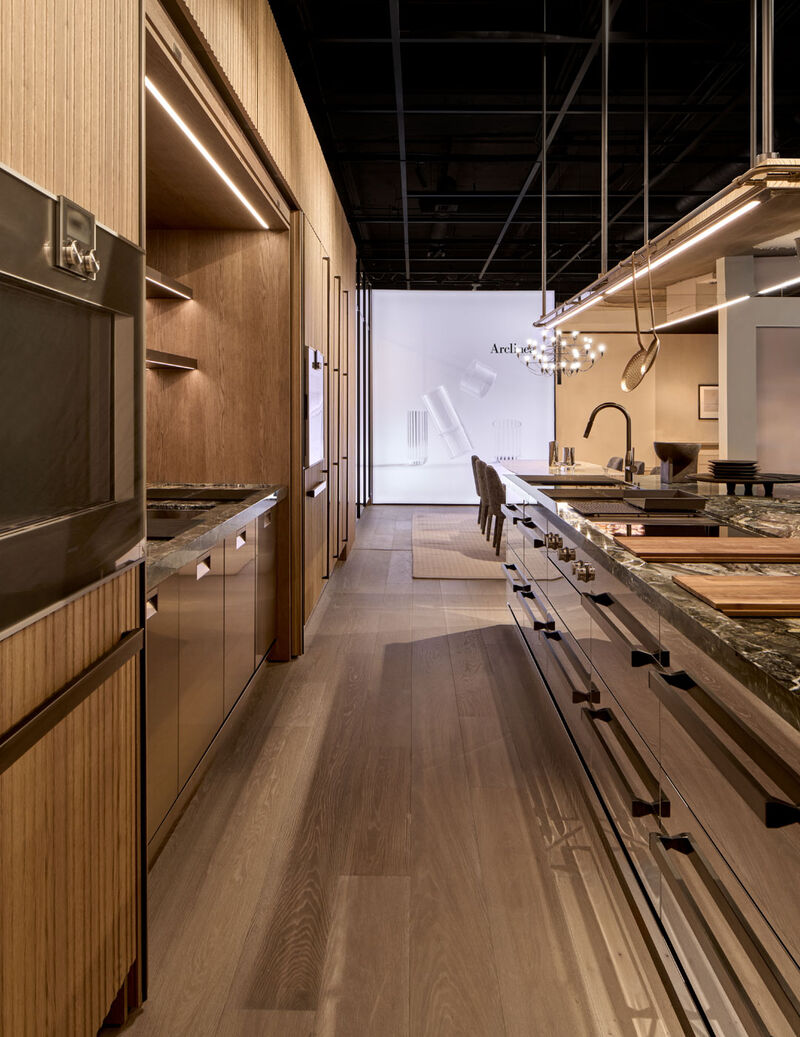 Arclinea Proxima kitchen corridor view with built-in storage and marble worktop