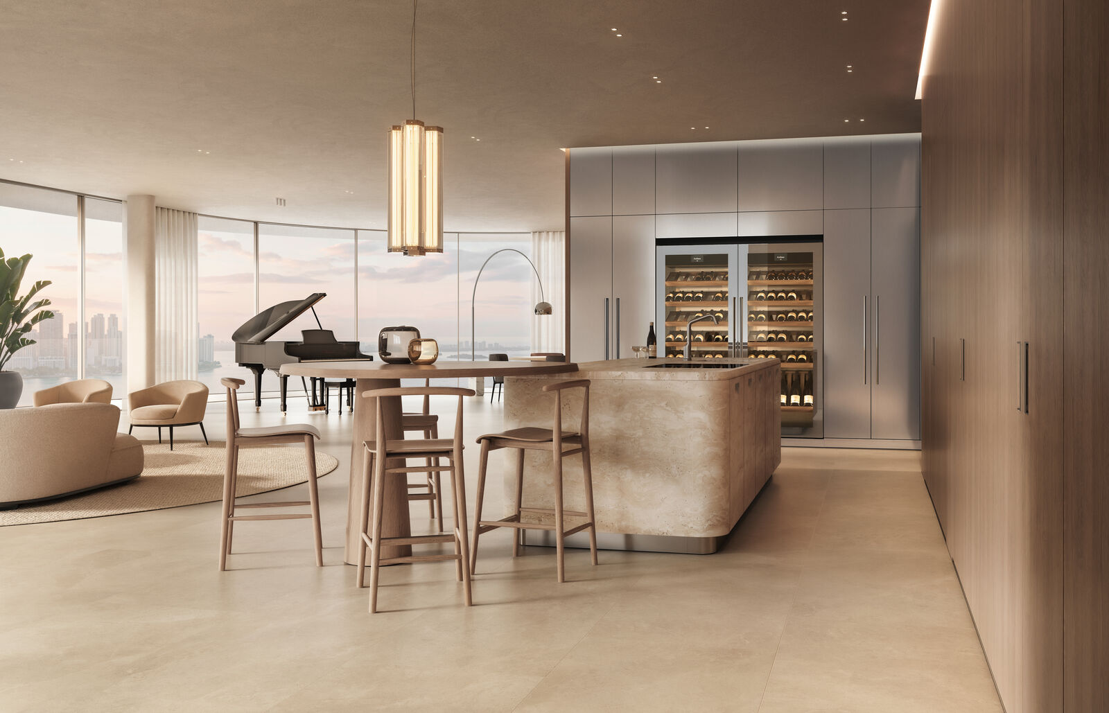 Arclinea open space kitchen with travertine island and integrated sink, oak wall units with open shelving and concealed workspace