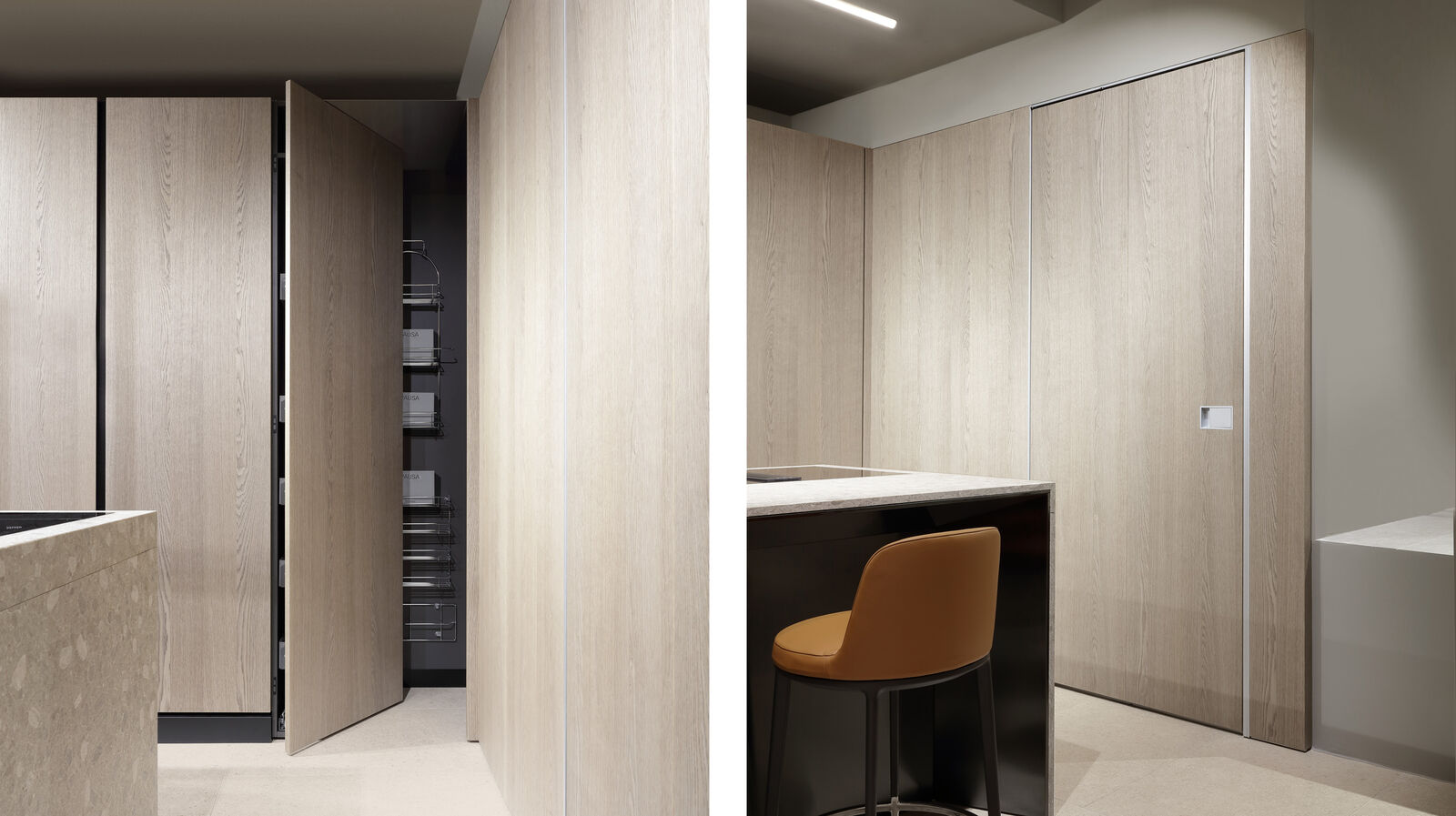 Diptych of wood cabinetry with pull out pantry and tall pivot door