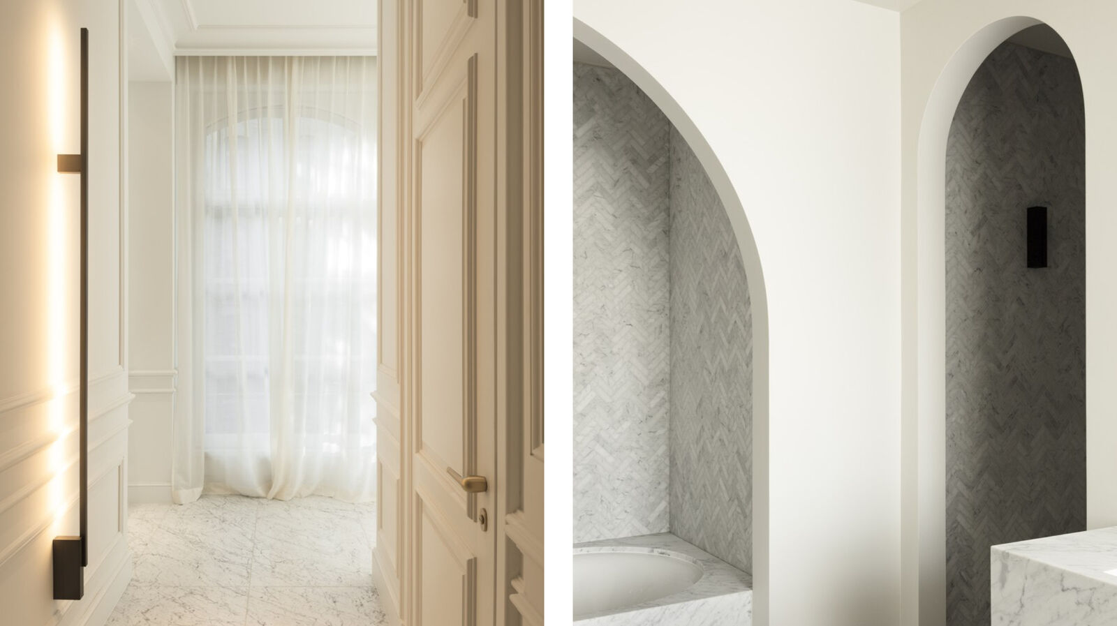 Showcase Townhouse DT Brussels | Split view of a corridor with sheer curtained window and marble floor alongside an arched marble clad shower niche with herringbone tiling
