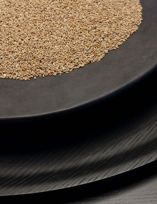 Close-up of grain scattered on a dark textured plate, stacked atop matching ridged black plates