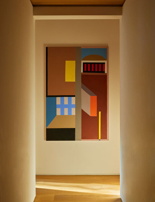 hallway of the Montecito house with a painting by Nathalie du Pasquier